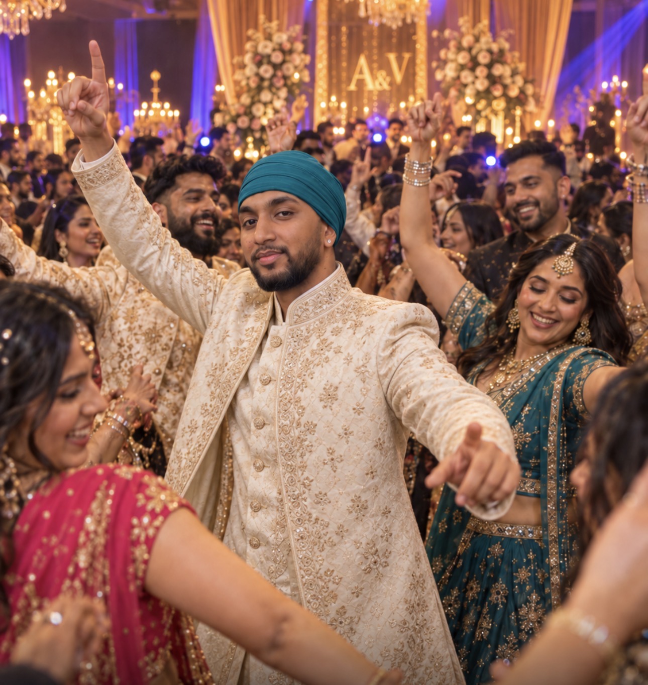 Guests dancing Bhangra with DJ Bawa on a packed dancefloor
